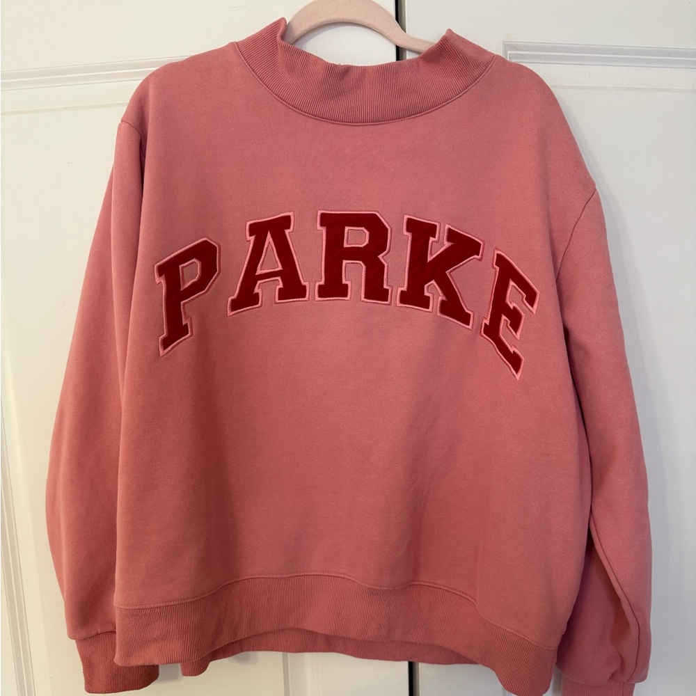 Parke Women's Pink Sweatshirt with Red Lettering